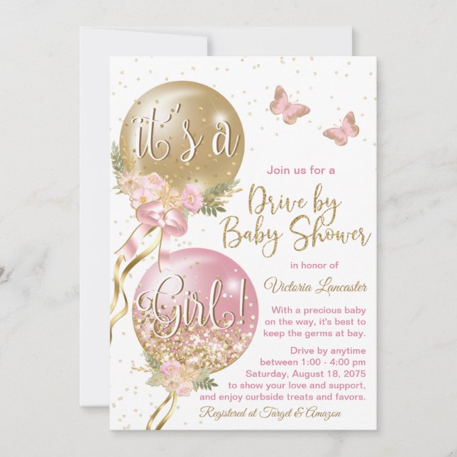 Pink Gold Balloons Butterfly Covid Baby Shower Invitation (Front)