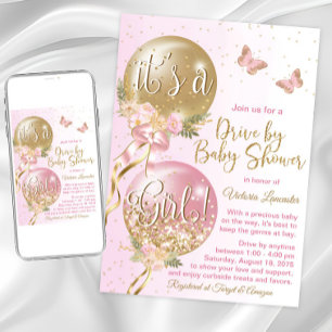 Pink Gold Balloons Butterfly Drive By Baby Shower Invitation