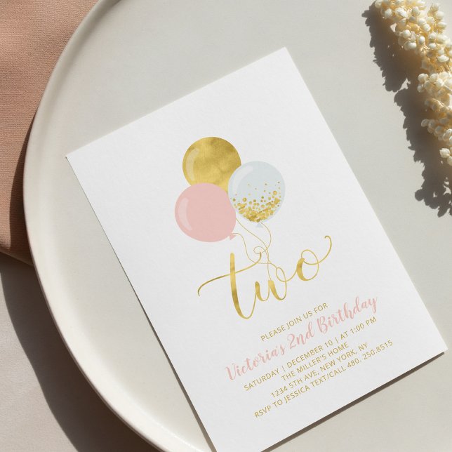 Pink & Gold Balloons | Girl 2nd Birthday Party Invitation (Creator Uploaded)