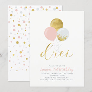 Pink & Gold Balloons   Girl 3rd Birthday Party Invitation
