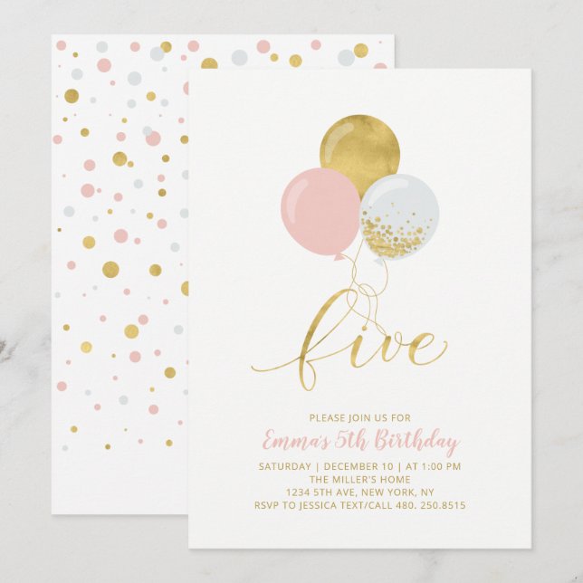 Pink & Gold Balloons | Girl 5th Birthday Party Invitation (Front/Back)