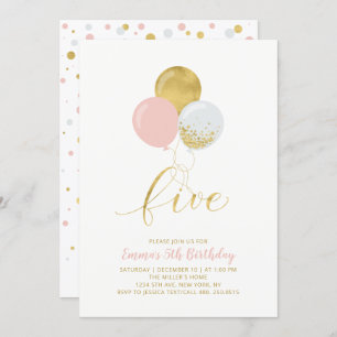 Pink & Gold Balloons   Girl 5th Birthday Party Invitation