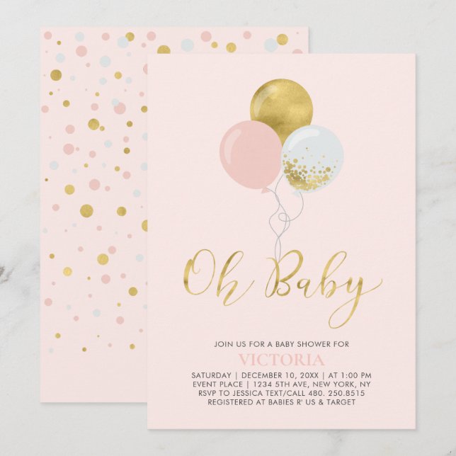 Pink & Gold Balloons | Oh Baby Girl Baby Shower Invitation (Front/Back)