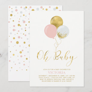 Pink & Gold Balloons   Oh Baby Girl Baby Shower Invitation
