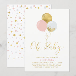 Pink & Gold Balloons   Oh Baby Girl Baby Shower Invitation