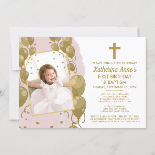 Pink Gold Baptism 1st Birthday Virtual  Text Photo Invitation