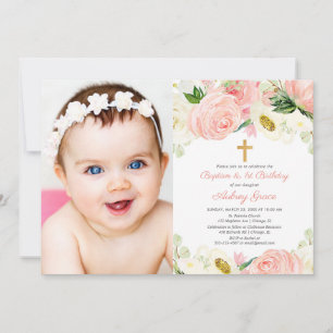 Pink gold baptism and 1st birthday photo girl invitation