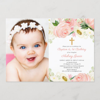 Pink gold baptism and 1st birthday photo girl invitation
