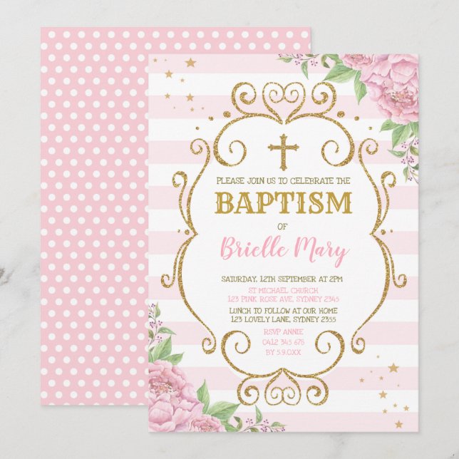 Pink Gold Baptism Christening Floral Princess Invitation (Front/Back)