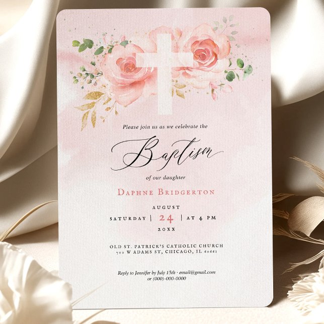 Pink & Gold Baptism Invitation Roses (Creator Uploaded)