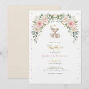 Pink Gold Beige Dove Floral Girl Baptism Invitation