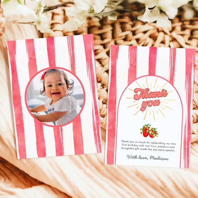 Pink Gold Berry 1st Birthday Photo Red Strawberry Thank You Card (Creator Uploaded)