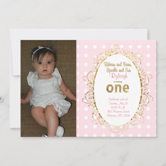 Pink & Gold birthday invitations | Ribbons & Bows (Front)