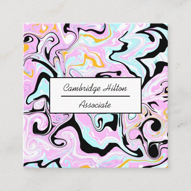 Pink, Gold, Black and Blue Marble Swirls Square Business Card (Front)