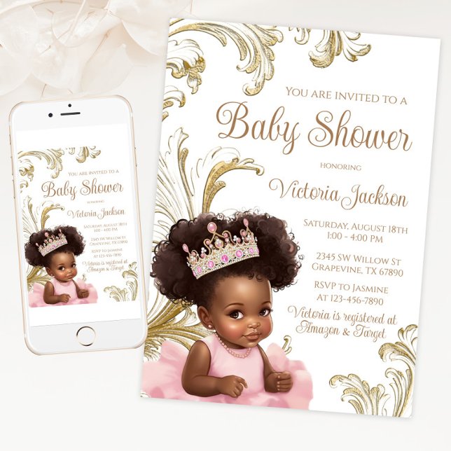 Pink Gold Black Baby Girl Shower Invitation (Pink gold African princess baby shower invitation. Available for instant download and print.)