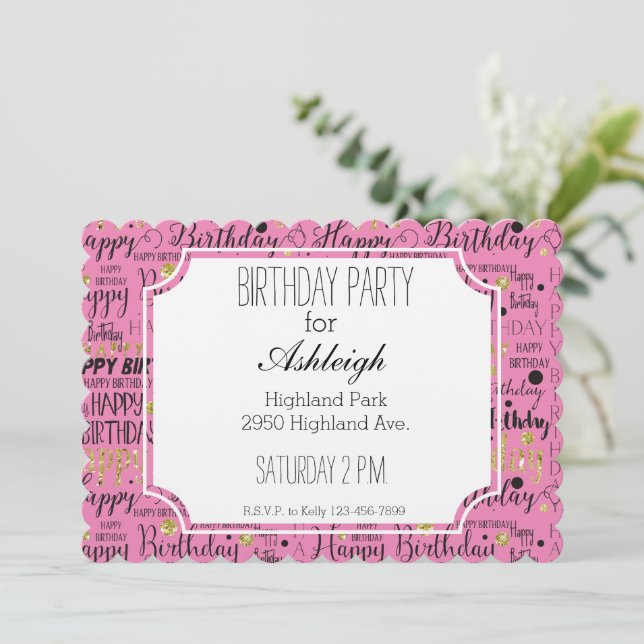 Pink Gold Black Confetti birthday Invitation (Standing Front)