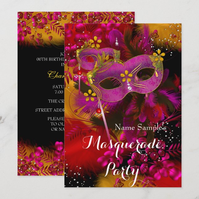 Pink Gold Black Floral Masquerade Birthday Party Invitation (Front/Back)