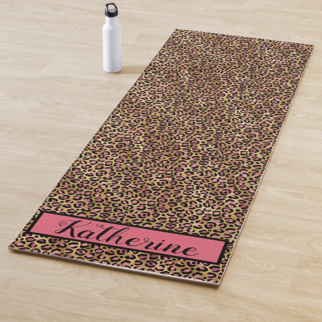 Pink Gold Black Leopard Spots Print Monogrammed Yoga Mat (In Situ)