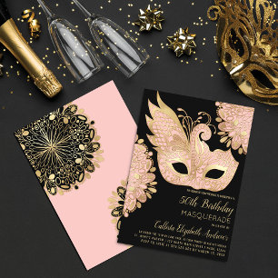 Pink Gold Black Masquerade Mask 50th Birthday Invitation