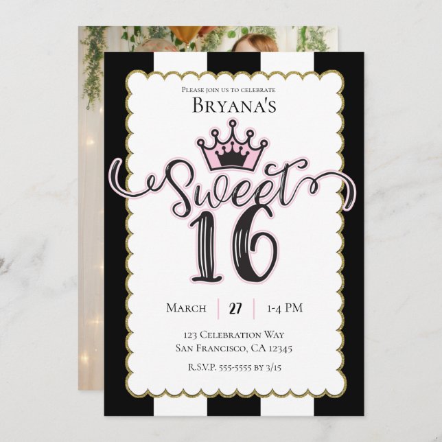 Pink Gold Black Sweet 16 Photo Birthday Party Invitation (Front/Back)