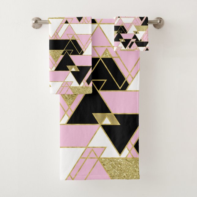 Pink Gold Black White Boho Glam Triangles Pattern Bath Towel Set (Insitu)