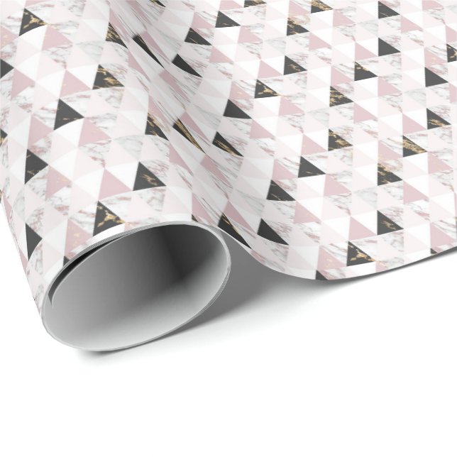 Pink Gold Black White Marble Geometric Birthday Wrapping Paper (Roll Corner)
