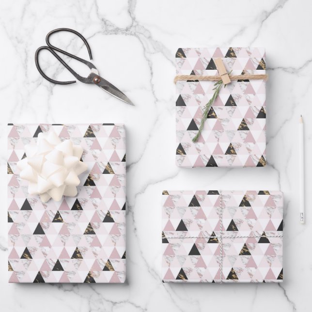 Pink Gold Black White Marble Geometric Birthday Wrapping Paper Sheet (Front)