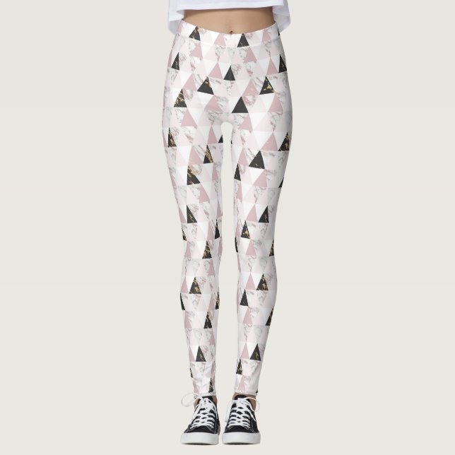 Pink Gold Black White Marble Geometric Yoga  Leggings (Front)