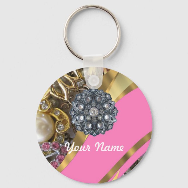 Pink & gold bling key ring (Front)