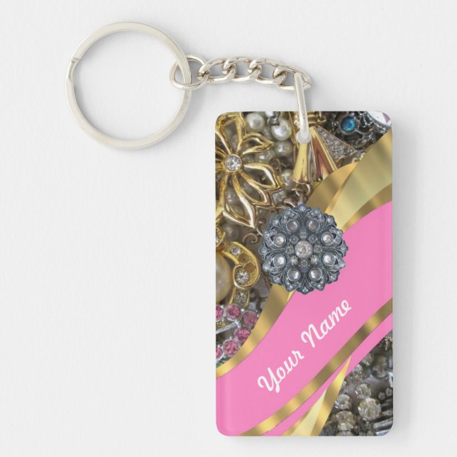 Pink & gold bling key ring (Front)