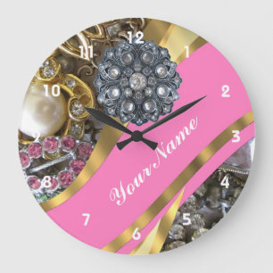 Pink & gold bling large clock