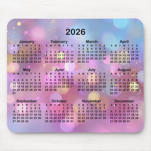 Pink Gold Blue Bokeh 2026 Calendar Mouse Mat (Front)