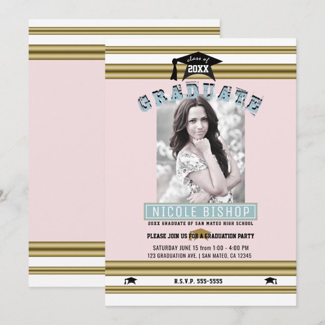 Pink Gold Blue Elegant Photo Graduation Party  Invitation (Front/Back)