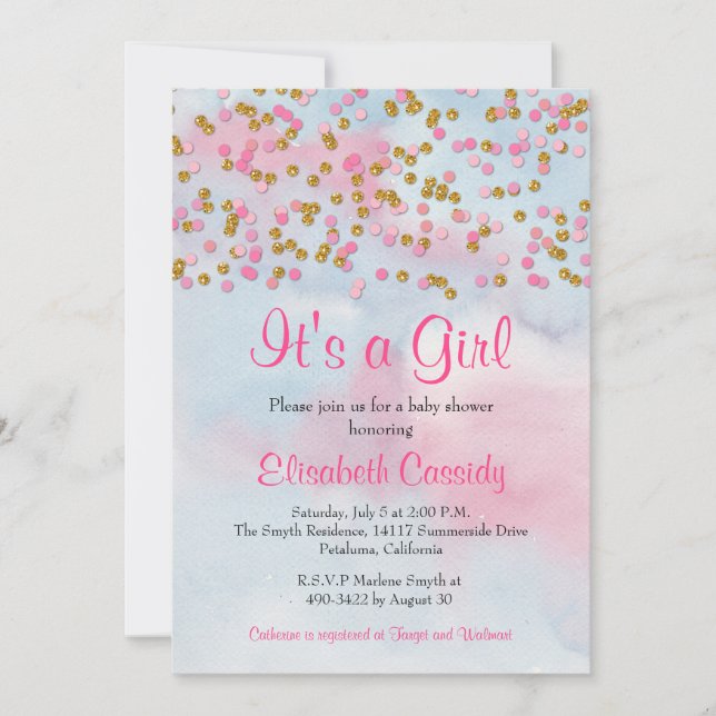 Pink Gold & Blue Glitter Sprinkle  Baby Shower Invitation (Front)