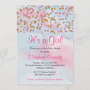 Pink Gold & Blue Glitter Sprinkle Baby Shower Invitation