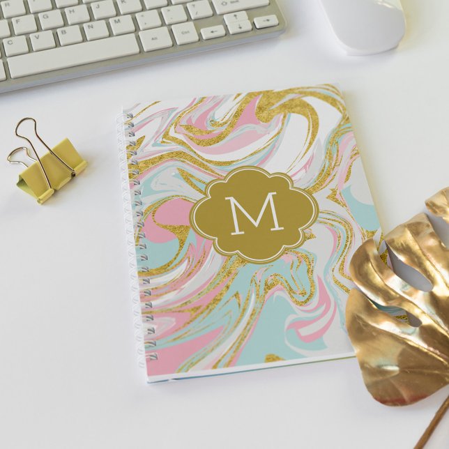 Pink Gold Blue Ink Marble Monogrammed Notebook (Creator Uploaded)