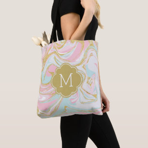 Pink Gold Blue Ink Marble Monogrammed Tote Bag