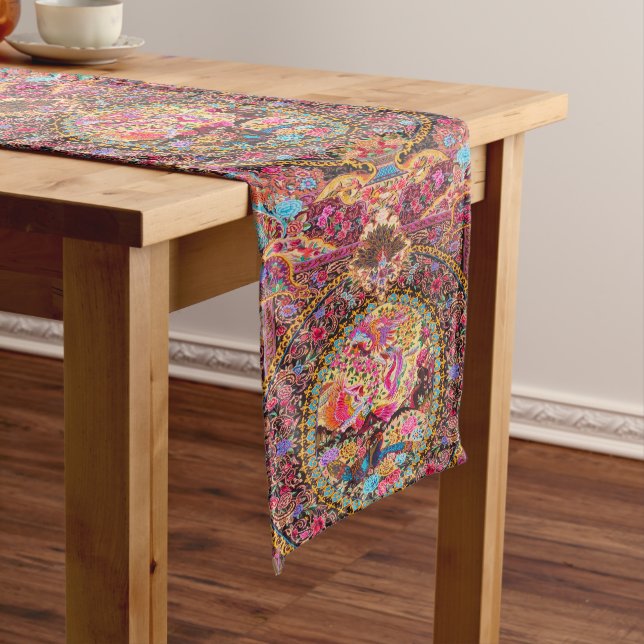 Pink Gold Blue Persian Floral Flowers Peacock Art Long Table Runner (In Situ)
