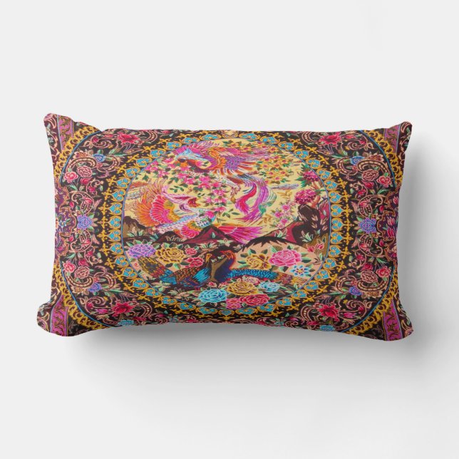 Pink Gold Blue Persian Floral Flowers Peacock Art Lumbar Cushion (Front)
