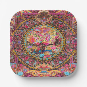 Pink Gold Blue Persian Floral Flowers Peacock Art Paper Plate
