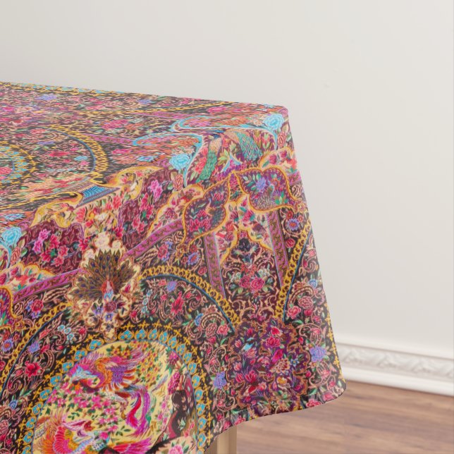 Pink Gold Blue Persian Floral Flowers Peacock Art Tablecloth (In Situ)