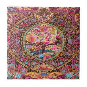 Pink Gold Blue Persian Floral Flowers Peacock Art Tile