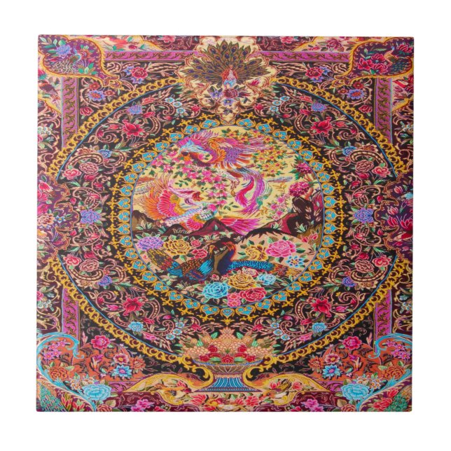 Pink Gold Blue Persian Floral Flowers Peacock Art Tile (Front)