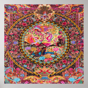 Pink Gold Blue Persian Floral Flowers Peacock  Poster