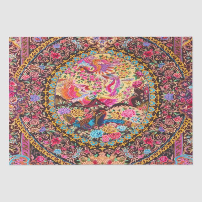 Pink Gold Blue Persian Floral Peacock Decoupage  Tissue Paper (Front)