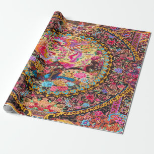 Pink Gold Blue Persian Floral Peacock Decoupage Wrapping Paper