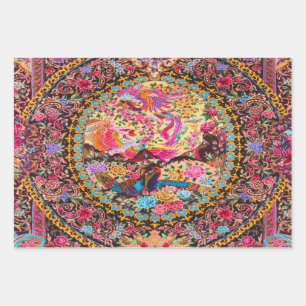 Pink Gold Blue Persian Floral Peacock Decoupage  Wrapping Paper Sheet