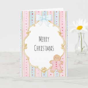 Pink Gold Blue Stripes Gingerbread Christmas Card