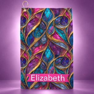 Pink Gold Blue Swirl Abstract Personalised Golf Towel