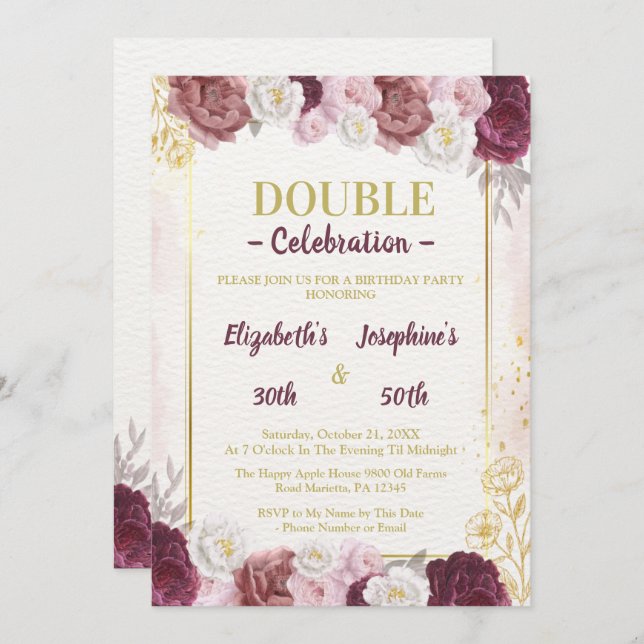 Pink Gold Blush Adult Joint Double Birthday Party  Invitation (Front/Back)